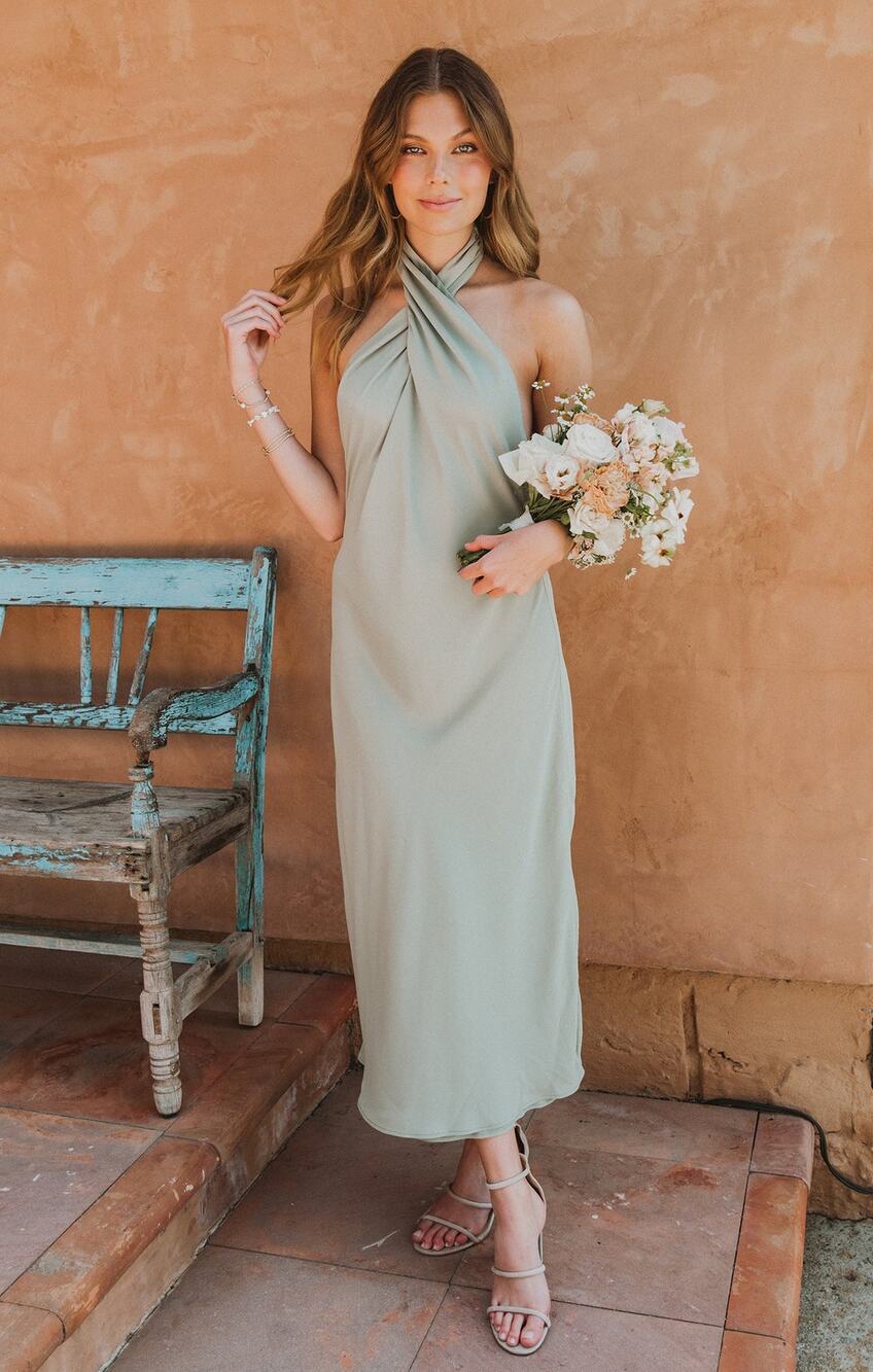 Show Me Your Mumu Jasmine Halter MIDI Dress Moss Green Crisp M